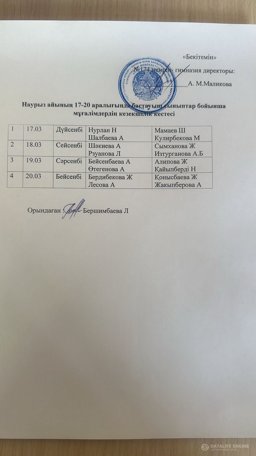 Асханадағы мұғалімдердің  кезекшілік кестесі