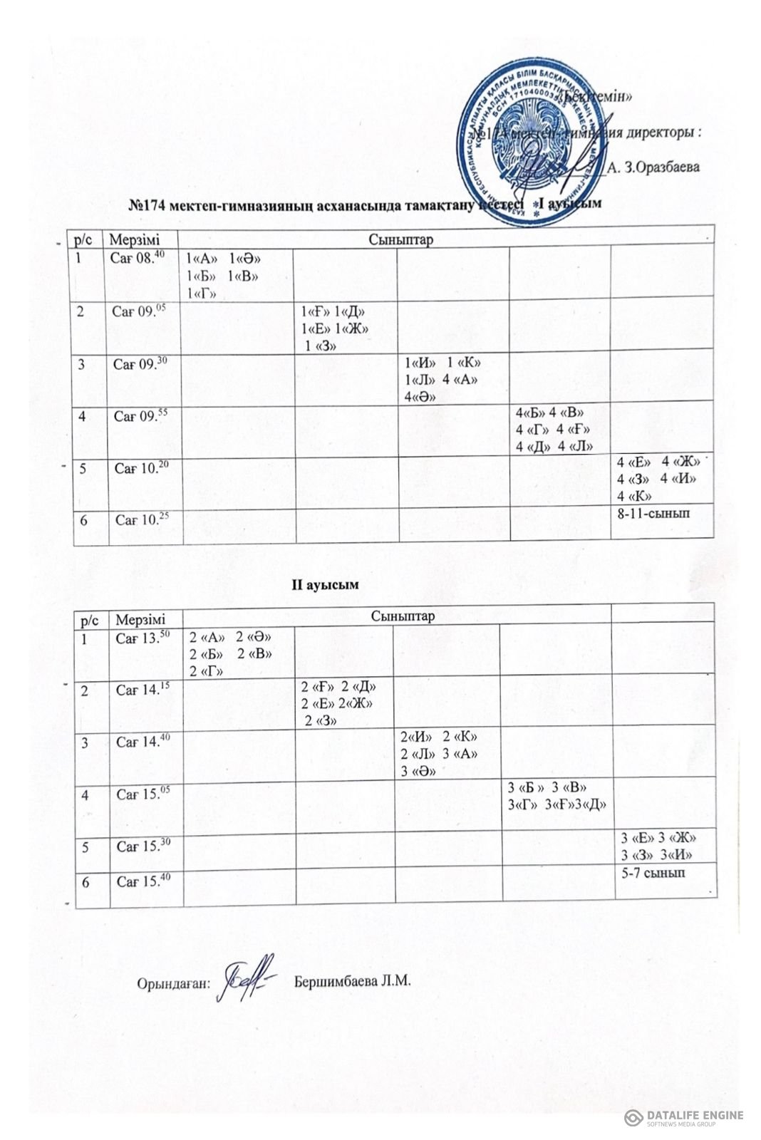 Оқушылардың тамақтану кестесі